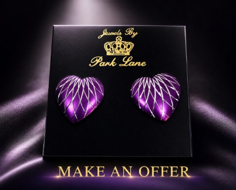 Vtg Park Lane Valentina Purple Heart Silver Lattice  Stud Earrings NEW NOS